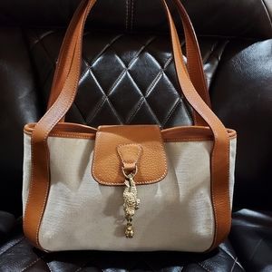 KIESELSTEIN-CORD Ecru Canvas & Camel Tan Leather FROG Charm Flap Bag